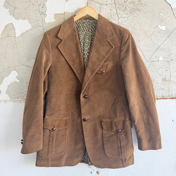 Vintage 70s Corduroy Blazer Brown Sport Coat Towncraft Penneys Mens 44R Academia
